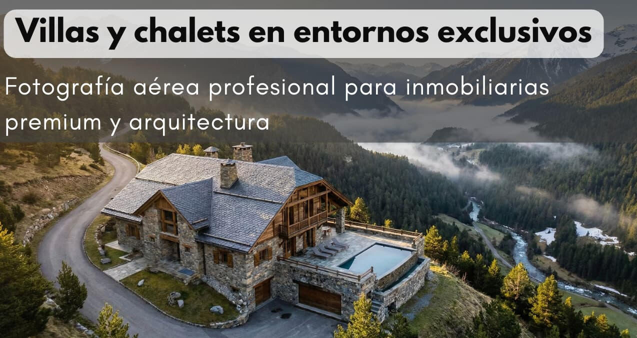Chalet de lujo en entorno natural Fotografía aérea con dron de chalet de lujo en montaña, ideal para promoción inmobiliaria premium